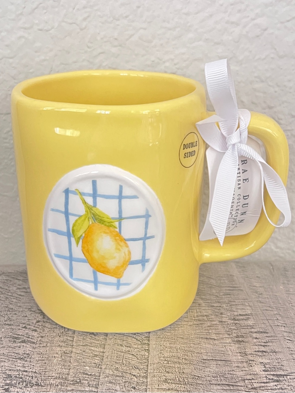 Rae Dunn "Hello Sunshine” Double Sided Yellow Lemon Ceramic Mug Spring Summer